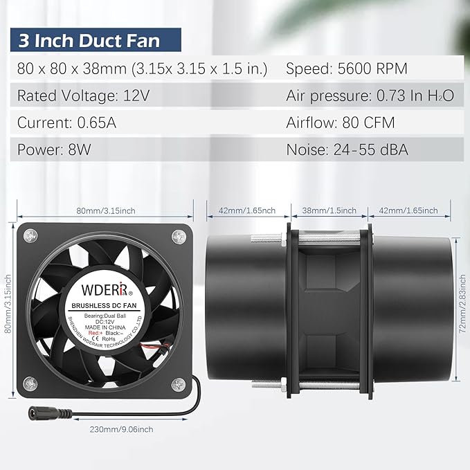 80mm x 38mm 3 Inch Air Vent Duct Booster Adjustable Speed Fan with 2 Duct Adapters for DIY Grow Tent Attic Hydroponics Ventilation Soldering Fume Extractor-D8038