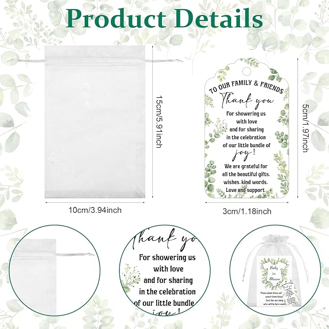 FIONUPI 100 Sets Baby Shower Party Favors Seed Packets Wildflower Kraft Self Adhesive Seed Envelopes Thank You Tags Organza Bag Boys Girls Gender Reveal Gifts for Guest Baby in Bloom Decor(No Seeds)