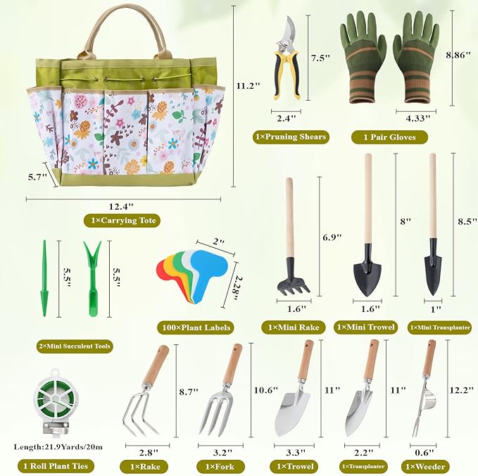 15-Piece Garden Tool Set for Women, Heavy Duty Gardening Kit with Floral Garden Bag, Steel Garden Hand Tools, Plant Labels, Gloves, Gardening Gift Basket for Men Gardeners Plant Lovers, Green