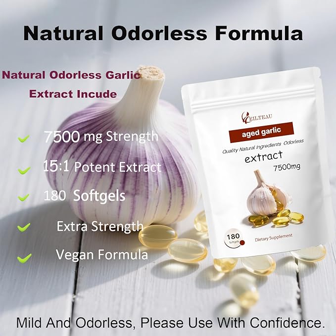 EILTEAU Aged Garlic Extract - 7500mg Odorless - 180 Softgels | Non-GMO, Gluten-Free | Supports Immune Health (1)