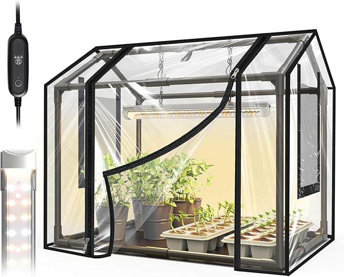 Bstrip Indoor Greenhouse with Grow Light, Mini EVA Tent with PE Base Mat, Ventilation Windows & Zippered Door, 18W Tabletop Greenhouse Light for Seed Starting with Timer, 23.8" x 15.7" x 20.5"