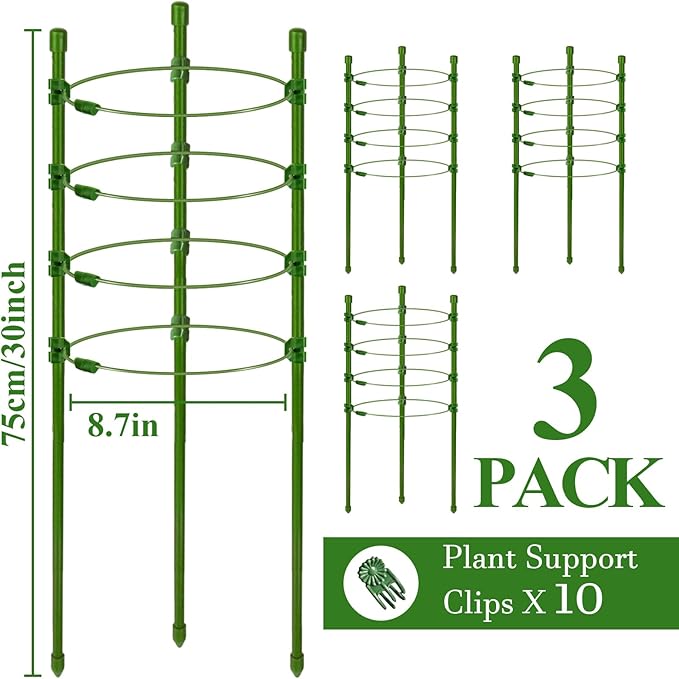 Legigo 3 Pack 30 Inch Plant Support Cages Tomato Cage for Garden- Plant Cages Adjustable Rings, Tomato Plant Support Stakes Trellis for Pots, Peppers, Cucumbers and Flowers with 10 Plant Clips