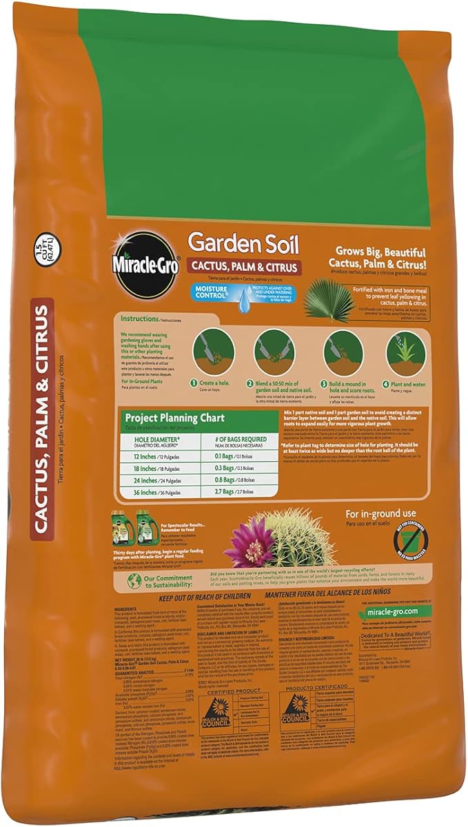 Miracle-Gro Garden Soil Cactus, Palm and Citrus, For In-Ground Use, Moisture Control, Feeds up to 3 Months, 1.5 cu. ft.