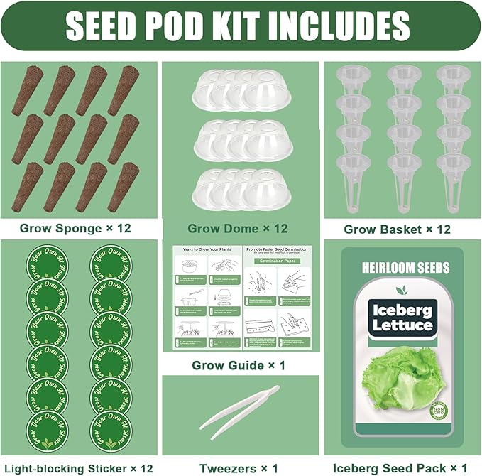 Iceberg Lettuce Seed Pods Kit for Hydroponic, 12 Pods Grow Anything Hydroponics Kit for Indoor Garden, Hydroponics Supplies with 12 Grow Sponges, 12 Plant Baskets, Iceberg Seeds - 12 POD