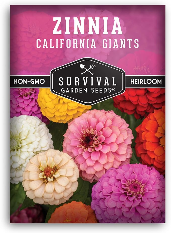 California Giants Zinnia Seeds – Large Colorful Cut & Come Again Blooms – Color Mix – Easy to Grow Annual Flower Mix of Colors – Pollinator Favorite – Survival Garden Seeds (1 Pack)