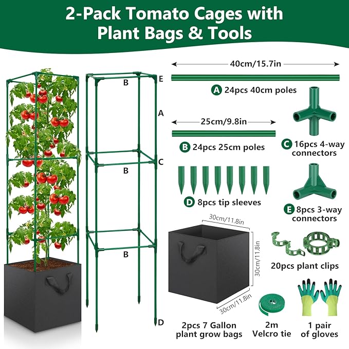 2 Pack Tomato Cages for Garden,49-Inch Square Trellis Frame with 7 Gallon Grow Bags, Plant Clips, Tomato Plant Support Kit for Garden Raised Bed Cucumber Vegetable Climbing Outdoor Indoor