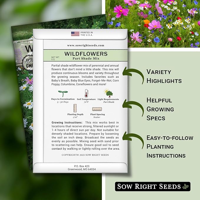 Sow Right Seeds - Wildflowers Seeds Mix for Planting in Partial Shade - Non-GMO Heirloom Varieties to Grow Wild Flower Garden - Perennial & Annual Flowers to Attract Pollinators - Colorful Blooms (1)