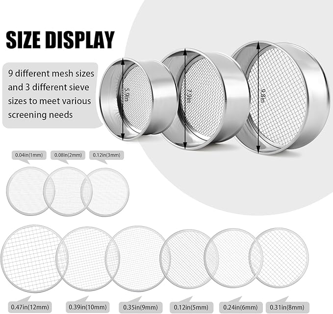 Shimeyao 3 Pcs Soil Sifter Set with 9 Pcs Sieve Meshes 1/2/3/5/6/8/9/10/12 mm Interchangeable Sand Screen Stainless Steel Riddle for Gardening, Garden Sieve for Rock, Sand, Soil, Compost