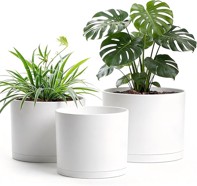 10/9/8 Inch Large Plant Pots with Drainage Holes and Trays, 3 Pack Modern Minimalist Cylinder Planters for Monstera, Snake Plant, Indoor Outdoor (Matte White)