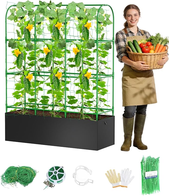 Cucumber Trellis with Grow Bags for Garden, U Frame Garden Trellis for Climbing Plants, Metal Plant Trellis with Garden Netting for Vegetables Flowers Fruits(4 Arches)