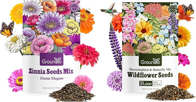 Groundio Zinnia & Wildflower Seed Mix, 2 Oz (2 Packs), Flowers Seeds for Planting, Open Pollinated, Non GMO Made in USA