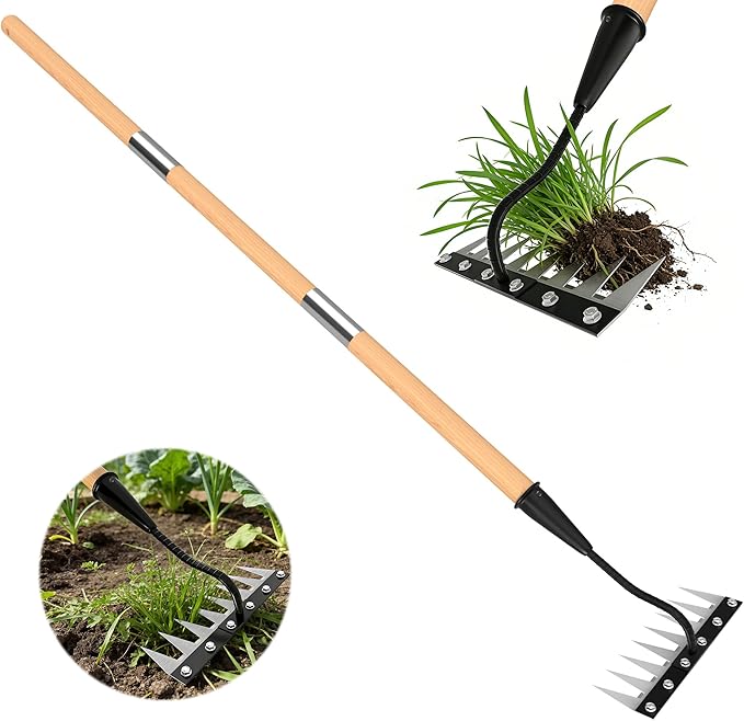 Iron Weed Rake with Wooden Long Handle 2.0, 8 Teeth Weed Puller Tool Heavy Duty, Manual Gardenia Weeding Rake Tool for Yard, Lawn and Garden, 56Inch