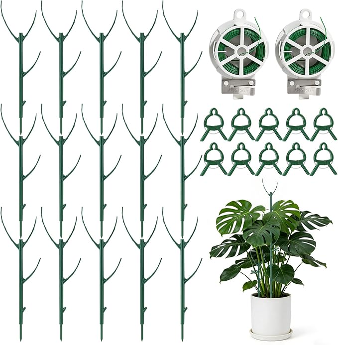 15 Packs Stackable Monstera Plant Support, 11 inch Plant Stakes with 131ft Garden Twist Tie & 10 Plant Clips for Indoor and Outdoor Plants Use Garden Trellis for Climbing and Potted Plants