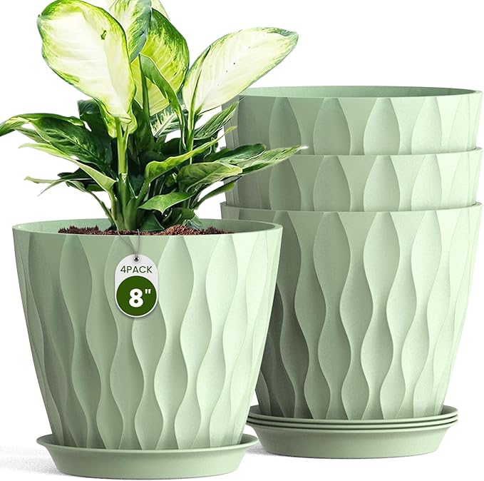 8" Water Wave Plant Pots with Drainage Holes & Saucers, 4 Pack Modern Textured Medium Planters for Indoor Outdoor Plants, Decorative Flower Pots Repotting Set for Flowers, Herbs (Green)