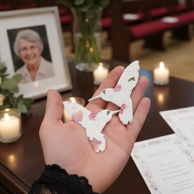 Wildflower Seed Paper - Set of 24 Hummingbird-Shaped for Funeral Favors, Memorial Gifts, & Sympathy Gifts for Loss of Father and Mother (Pink & Green)