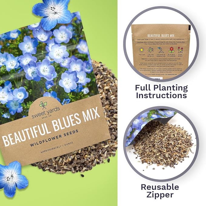 All Blues Wildflower Seeds Mix - Large 1 Ounce Packet - Over 7,500 Annual and Perennial Flower Seeds