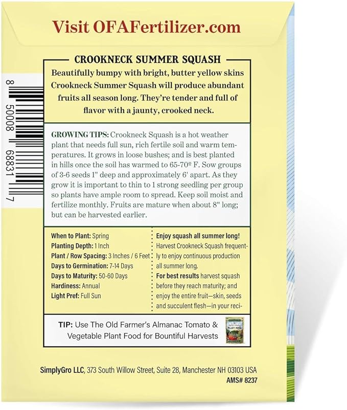 The Old Farmer's Almanac Heirloom Summer Squash Seeds (Yellow Crookneck) - Approx 70 Seeds - Non-GMO, Open Pollinated, USA Origin
