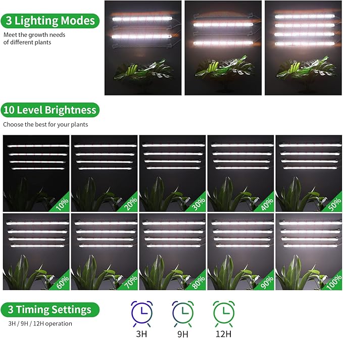 Grow Lights for Indoor Plants, 13" Grow Light Strips with Timer 3/9/12 H, 10 Dimmable Levels, 192 LEDs Full Spectrum Sunlight，Plant Growing Lamp for Indoor Greenhouse Seedlings, 4 Head