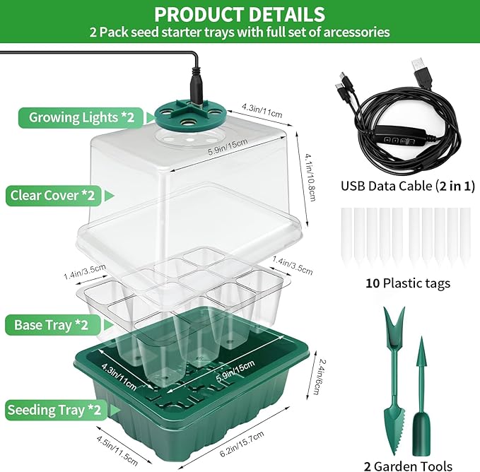 Seed Starter Tray with Plant Light, 4 Pack Grow Lights for Seed Starting Kit with Humidity Domes, Timing Controller Adjustable Brightness for Greenhouse Propagator Station Planting Growing