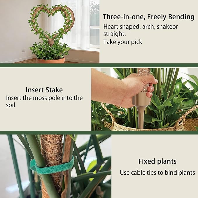 Three in one Bendable Monstera Moss Pole, 30IN Tall Moss Pole Monstera Plant Support for Indoor Plants, Coir Pole Plant Stakes for Climbing Plants, Pothos, Philodendron-1 Pack