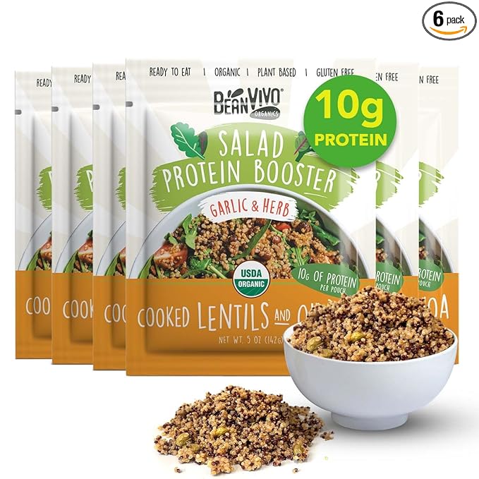BeanVIVO 6-Pack Salad Protein Booster - Organic cooked Lentils & Quinoa with Garlic & Herbs, delivering a burst of taste and 10g of protein-packed goodness in every pouch 5oz