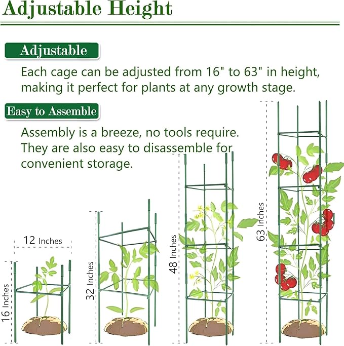 3Pack 12" Width Up to 63" Height Adjustable Square Tomato Cages for Garden, Plant Support Stakes for Climbing Vegetable, Tomatoe, Flower, with Twist Ties Snap-On Stake Arms