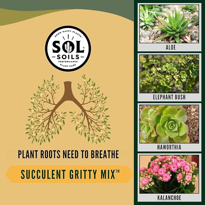 Sol Soils Succulent Gritty Mix - Fast Draining Peat Moss Free Succulent Soil Potting Mix with Coconut Husk Chips, Perlite & Pumice - 1 Quart