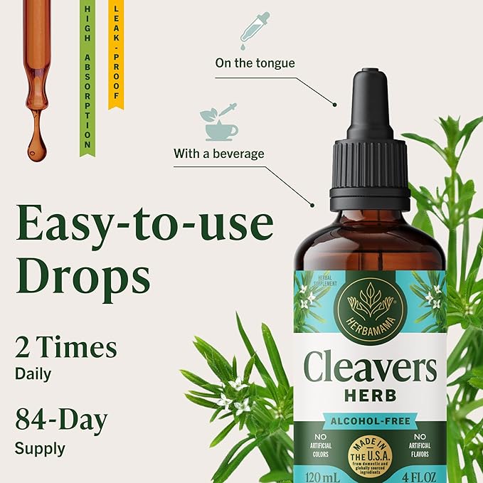 HERBAMAMA Cleavers Herb Tincture - Vegan Natural Detox & Cleanse Support with Cleavers Leaf Extract Drops - Non-GMO, Alcohol & Sugar-Free Liquid Herbal Supplement, 84-Day Supply