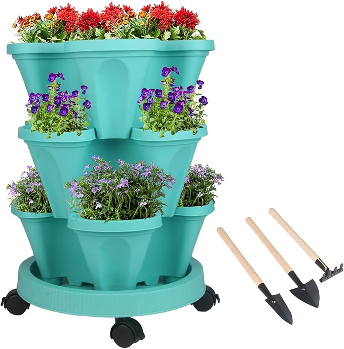 GameXcel Vertical Planter 3 Tier Stackable Planters Garden Planters Strawberry Herb Flower and Vegetable Planter Indoor Outdoor Gardening Pots with Removable Wheels and Tools