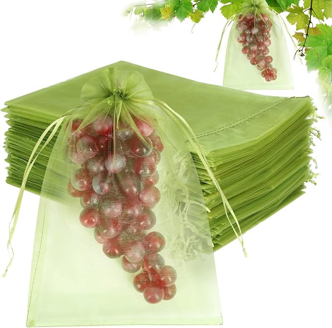 100pcs Fruit Protection Bags 8x12 inch, Green Netting Cover Bags Drawstring Mesh Fruit Protectors Pest Barrier for Grapes Mango Trees Veggies Garden