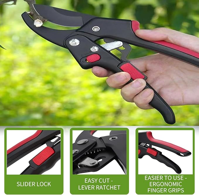 MEPEREZ Garden clippers, premium Germany pruners, Work 3 times easier, professional ratchet pruning shears, cutting rose, flower, hedge, stem, tree, Sharp gardening scissors, Arthritis weak hand snips