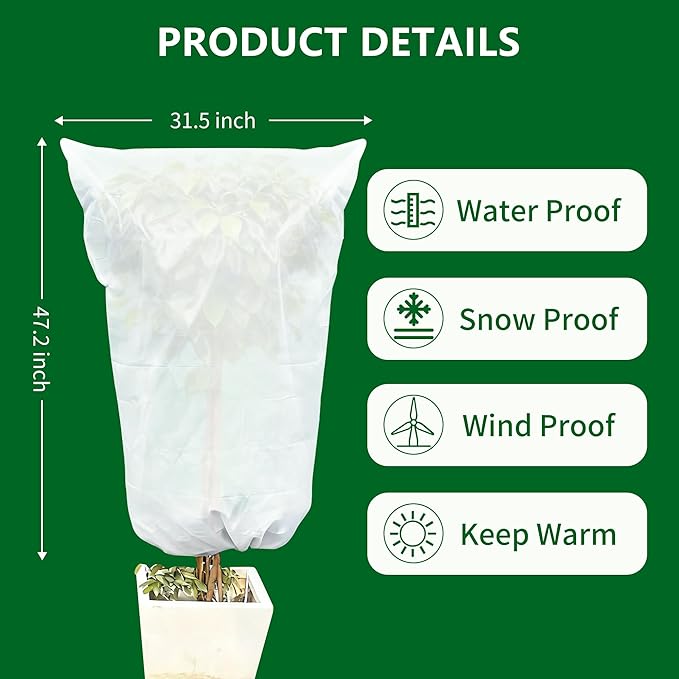 Spring Plant Covers Wind and Frost Protection, Reusable & Breathable Non-Woven Fabric Plant Covers with Zipper Drawstring to Protect Trees, Garden Flower, 5 Pack, White, 31.5" x 47.3"