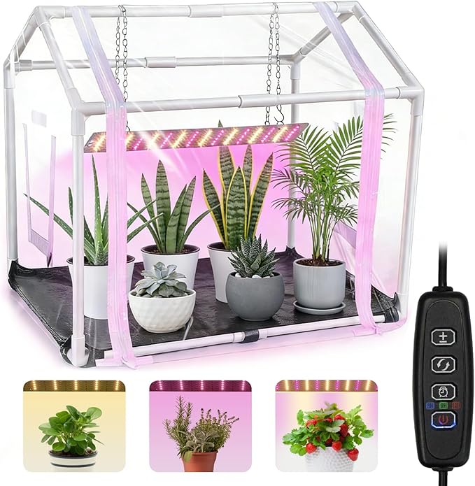 Mini Greenhouse with Grow Light for Indoor, PVC Planting Tent with Waterproof Mat & Zipper Door,15W Full-Spectrum LED Plant Grow Light and Timer for Seed Starter Tray for Indoor and Outdoor Plants