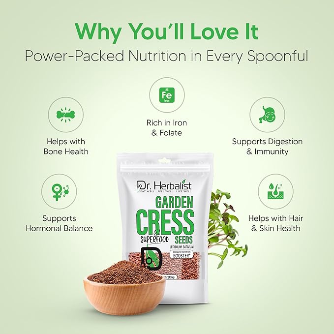 Dr. Herbalist Garden Cress Seeds 14.1oz (400g) – Premium Halim, Aliv, Haleem, Rashad, Watercress (Lepidium Sativum) – Superfood Seeds for Eating – Natural Nutrition Booster – Resealable Freshness Bag