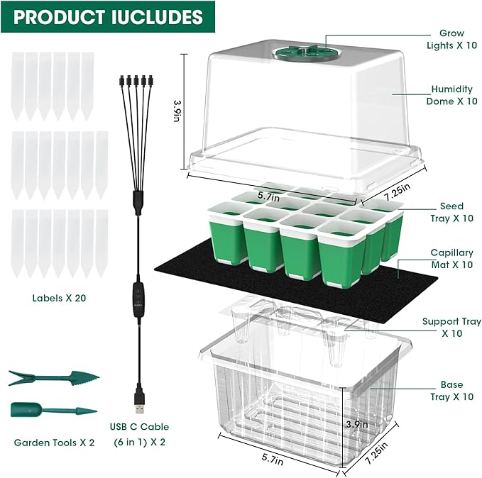 Self Watering Seed Starter Tray with Grow Light, 10-Pack 120-Cell Reusable Seed Starter Kit with Soft Silicone, Plant Germination Trays with Humidity Dome for Seeding Planting Growing