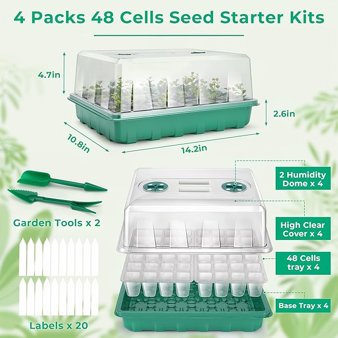 192 Cells Seed Starter Tray, 4 Packs Seed Starter Kit with Humidity Vented Domes and High Lid, Germination Kit for Indoor Greenhouse Seed Starter