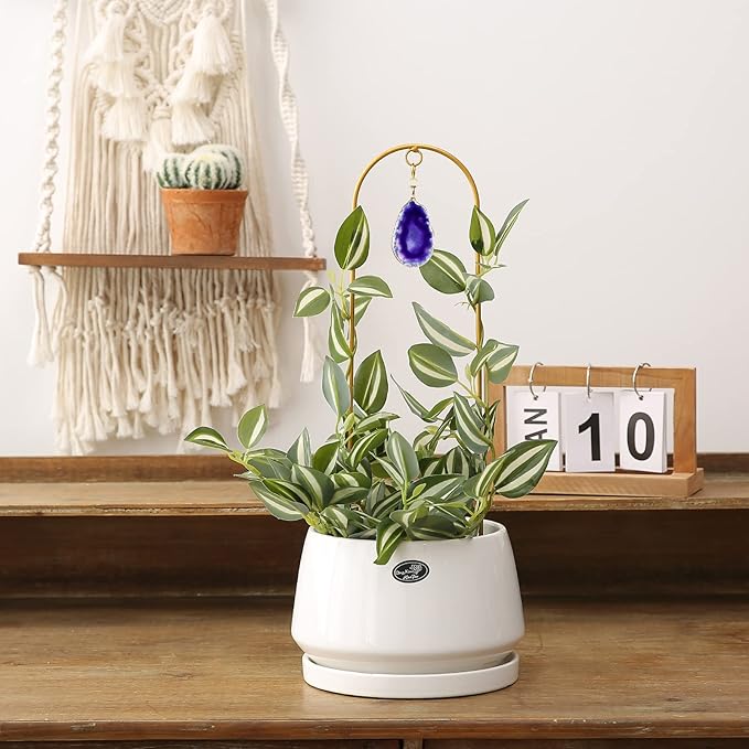 2PCS Small Gold Trellis for Climbing Plants Indoor, Mini Metal Houseplant Climber Support for Potted Plants, Boho Decorative Pot Lattice with Agate for Hoya, Pothos, Ivy, Philodendron