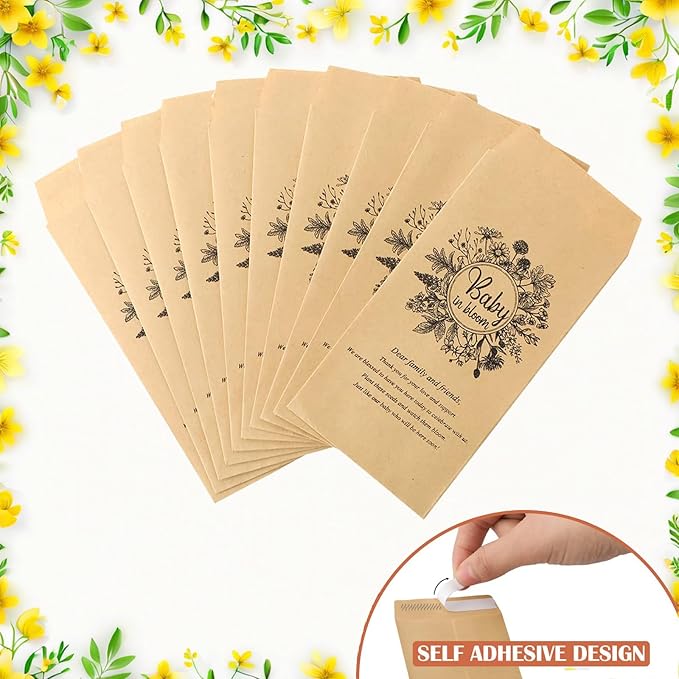 100Pcs Baby in Bloom Seed Packet, Wildflower Baby Shower Self Adhesive Envelopes, Small Paper Coin Envelopes Items Stamps Storage Packets for Flower Vegetable Seeds Garden Wedding Gift (Brown*100PCS)