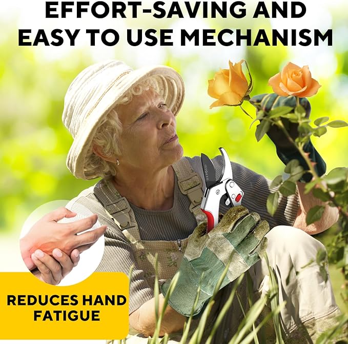 Ratchet Pruning Shears for Gardening Heavy Duty - Increases Cutting Power 3x - Perfect Ratchet Pruners for Weak Hands & Arthritis - 8” Anvil Garden Clippers - Sharp Blade for Effortless Cutting - Red