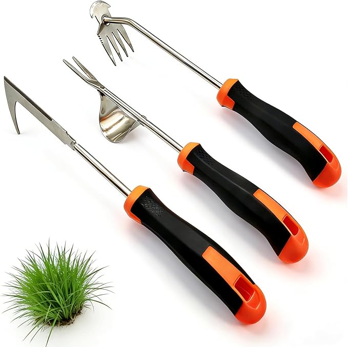 3-Piece Garden Weeder Tool Set, Rubber Grip Hand Weeder, 4-Tine Uprooting Puller & Crevice Weeder, Portable Weeding Artifact for Backyard, Vegetable Garden & Farm