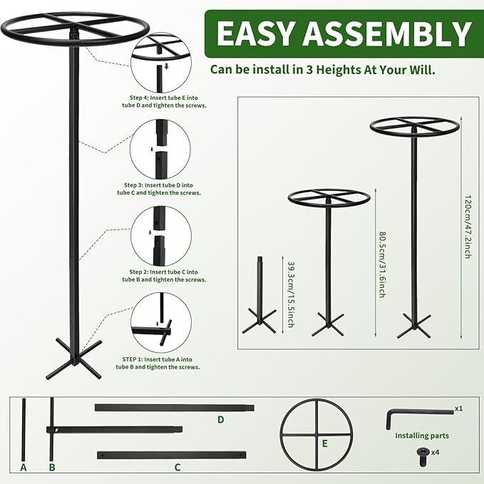 1 Pcs Heavy Duty Dragon Fruit Trellis, 12"x12"x50" Adjustable Metal Dragon Plant Support Stand, Durable Vertical Trellis for Climbing Plants, No-Hammer Assembly for Outdoor Garden (Round)