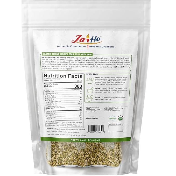 Jai Ho Certified Organic Moong Mung Split Dal with Skin Husk 4 lb | Green Gram Split | USDA Organic | Non-GMO | Chemical-Free | Kosher
