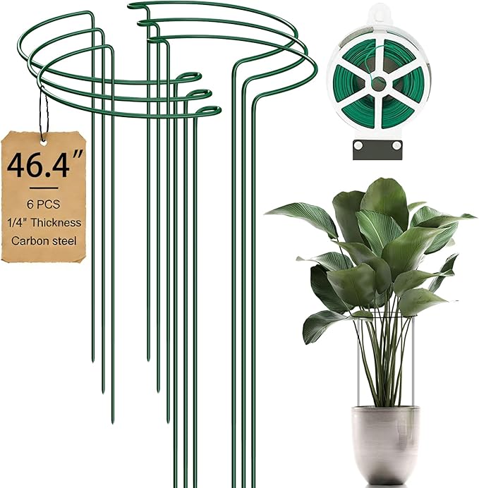 6-Pack 46.3” Plant Support Stakes, Steel Plant Cage & Peony Tomato Hydrangea Cage, Garden Stakes for Outdoor Plants, Heavy-Duty Plant Stakes, 16.7” Support + 29.6” Extension Tubes