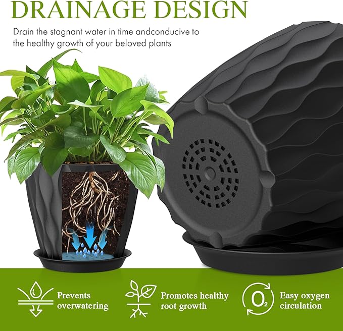 8" Water Wave Plant Pots with Drainage Holes & Saucers, 4 Pack Modern Textured Medium Planters for Indoor Outdoor Plants, Decorative Flower Pots Repotting Set for Flowers, Herbs (Black)