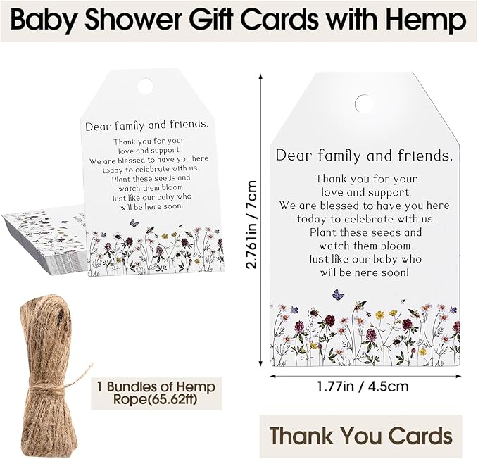 Fumete 25 Sets Wildflower Baby Shower Seed Packets Party Favors for Guests Baby in Bloom Favors Decorations Burlap Bags with Drawstring Thank You Cards and Twine, No Seeds (Bloom)