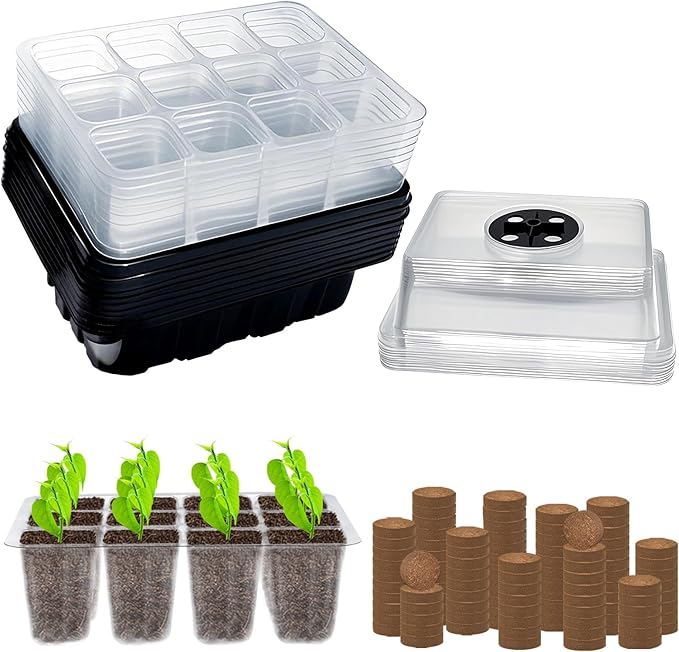 ZeeDix 10 Pack Seed Starter Trays Kit with 120 PCS Coco Pellets, Base Tray for Indoor Planting, Mini Greenhouse Germination System for Herbs Vegetables Gardening Supplies(120 Cells Total Tray)