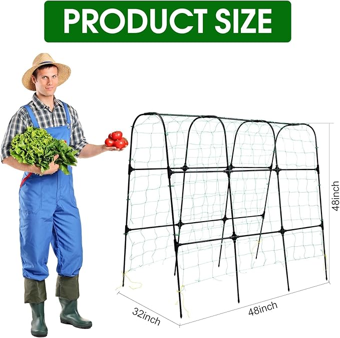 Garden Trellis for Climbing Plants Outdoor, Cucumber Trellis for Raised Bed Garden, Arch Trellis Support for Cucumbers Tomatoes Beans Peas, 50x48 inch, Metal Trellis with Netting, Black
