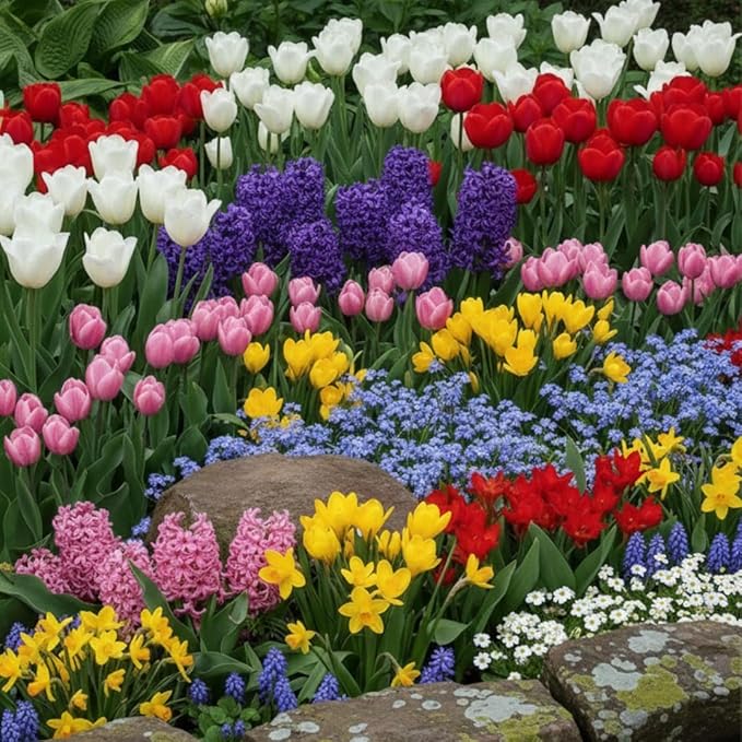 50 Mixed Flowers Bulbs for Fall Planting, Early Spring Bloom, 50 Days Colorful Blooms, Top Size Bulb, Easy Care, 5 Random Varieties for Groundcover