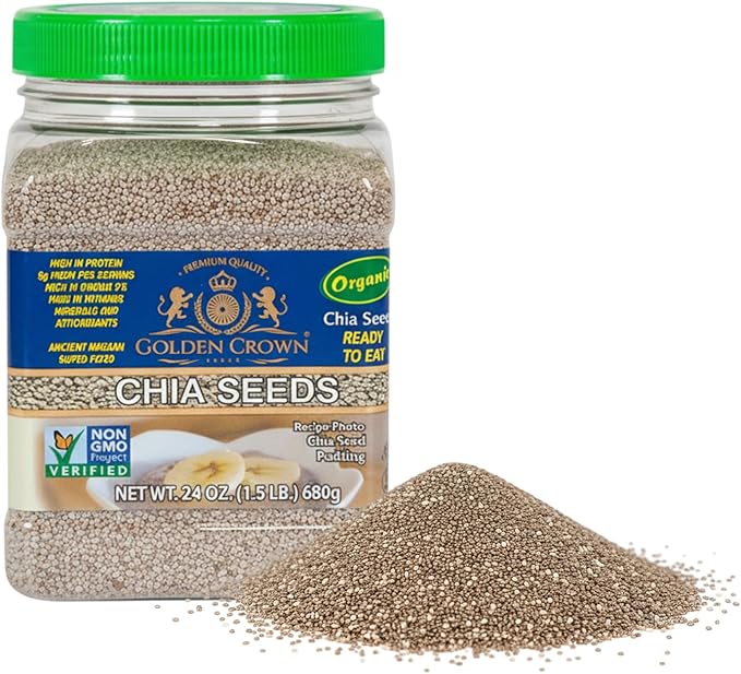Golden Crown Organic Chia Seeds | Gluten Free, Non GMO, & Vegan White Chia Seeds Organic | Omega-3 & Fiber to Support Energy and Satiety | Ideal for Chia Puddings, Smoothies & Baking | 24 Oz (1.5 Lb)