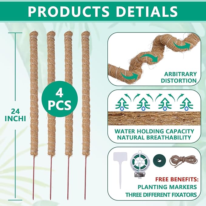 4 Pcs Bendable Moss Pole for Monstera Plant Support，24 Inch Handmade Coir Pole Stick for Climbing Plants Indoor Plant Stakes for Potted Plants to Grow Upwards
